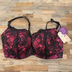 NWT Cacique pink and black lace balconette bra